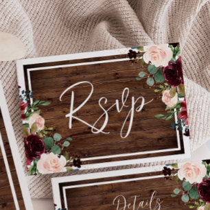 Burgundy & blommor Rustic Wood Bröllop OSA Kort