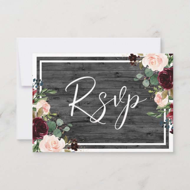 Burgundy &  blommor Träkol Bröllop OSA Kort (Framsida)