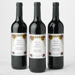 Burgundy blomster solros canopy bröllop vinflaska etikett