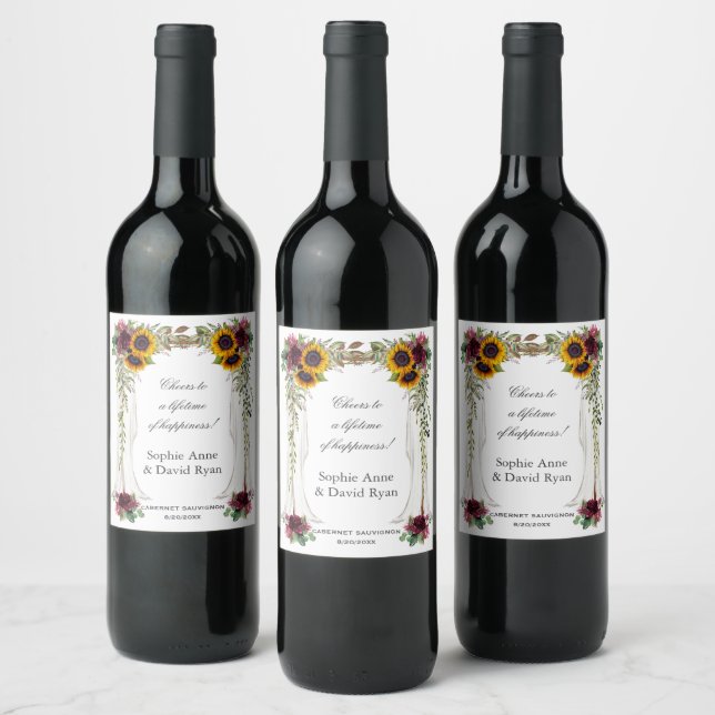 Burgundy blomster solros canopy bröllop vinflaska etikett (Flaskor)