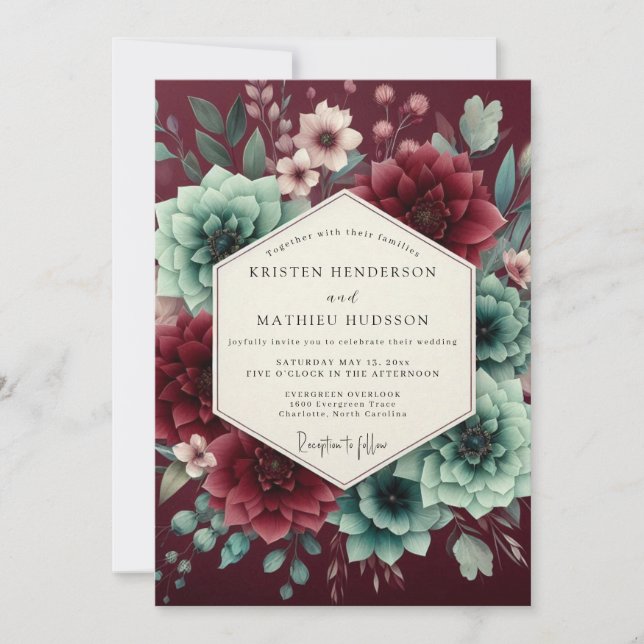 Burgundy Bloom Assemblage Wedding Inbjudningar (Framsida)