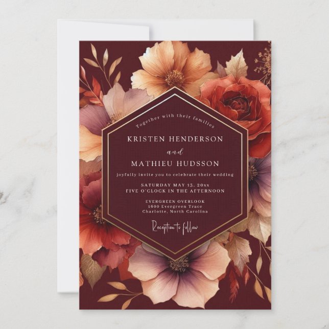 Burgundy Bloom Autumn Wedding Inbjudningar (Framsida)