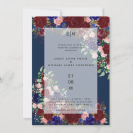 Burgundy Bloom Boho Blue Rosa ros Bröllop Overlay Inbjudningar