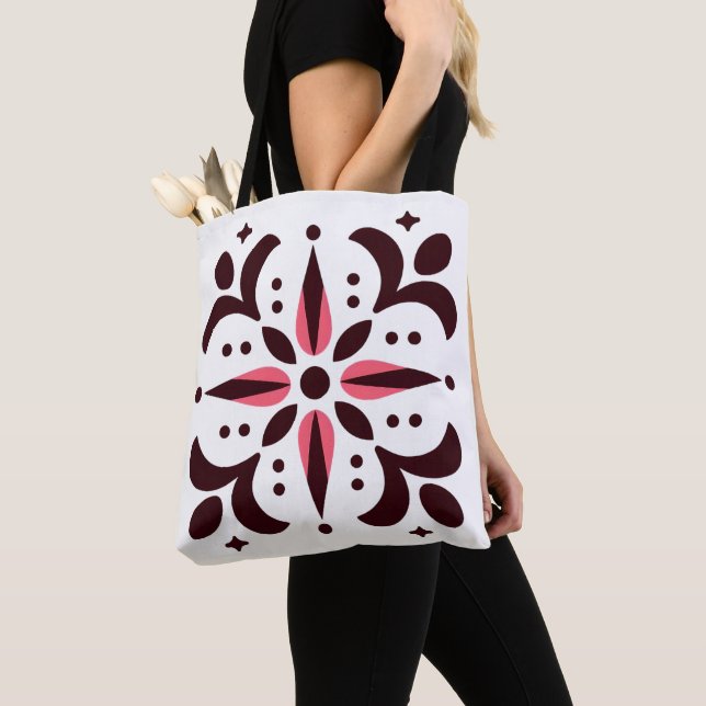 Burgundy Bloom Geometric Tote Bag Tygkasse (Närbild)