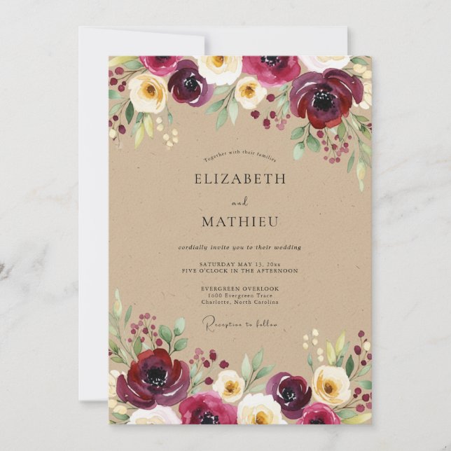Burgundy Bloom Meadow Wedding Inbjudningar (Framsida)