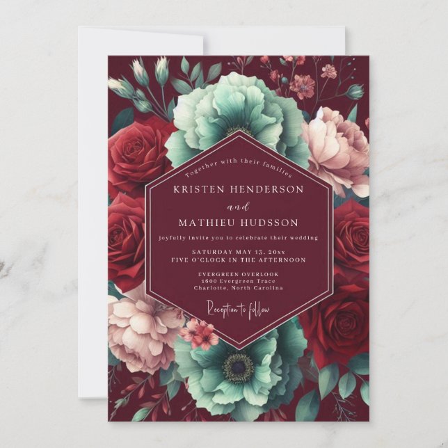 Burgundy Bloom Moody Romance Wedding Inbjudningar (Framsida)