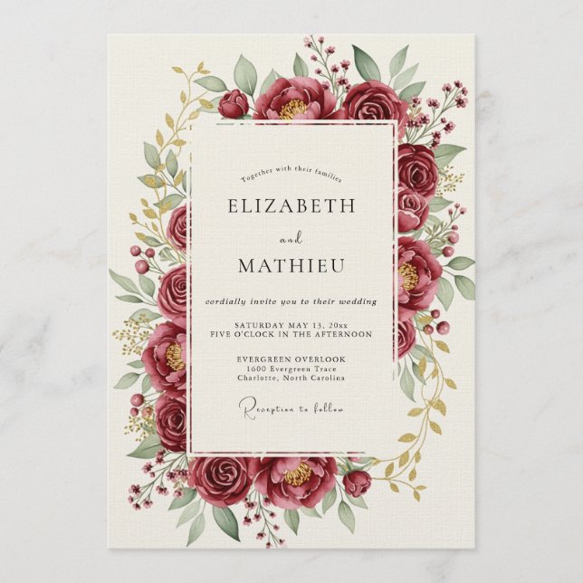 Burgundy Bloom Romance Wedding Inbjudningar (Framsida)