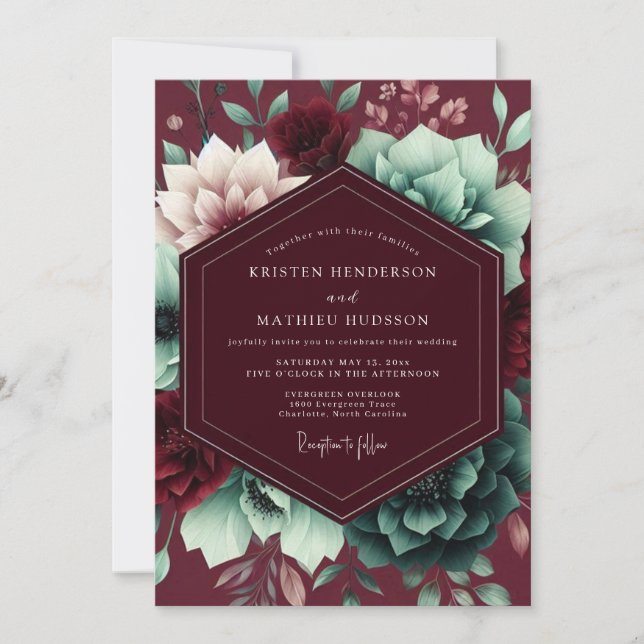 Burgundy Bloom Whimsical Wedding Inbjudningar (Framsida)
