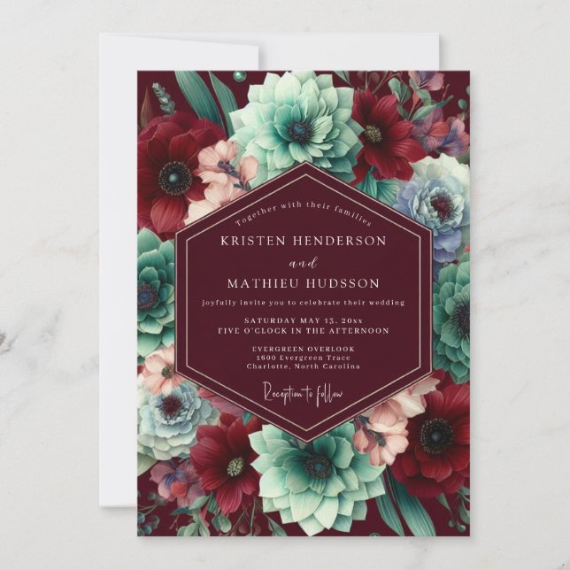 Burgundy Bloom Whimsy Wedding Inbjudningar (Framsida)