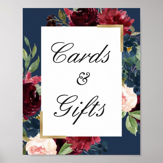 Burgundy Blue  Blommigt Cards och presentkort Poster (Framsidan)
