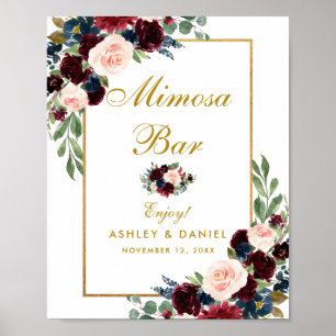 Burgundy Blue Blommigt Guld Bröllop Mimosa Pub Poster