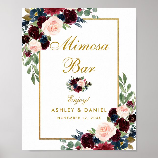 Burgundy Blue Blommigt Guld Bröllop Mimosa Pub Poster (Framsidan)