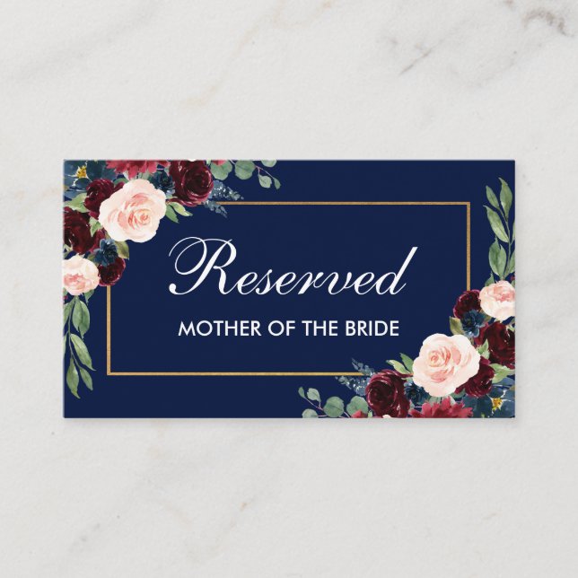 Burgundy Blue Blommigt Guld Bröllop reserverad Nam Placeringskort (Framsida)