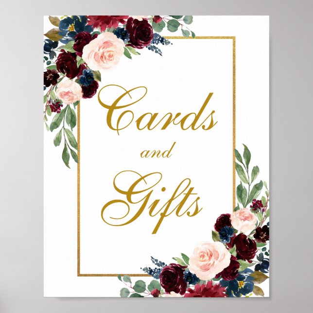 Burgundy Blue Blommigt Guld Bröllopskort Gift Poster (Framsidan)