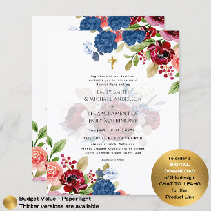 Burgundy Blue Blommigt katolsk nuptial Mass Bröllo Flygblad