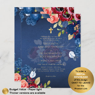 Burgundy Blue Blommigt katolsk nuptial Mass Bröllo Flygblad