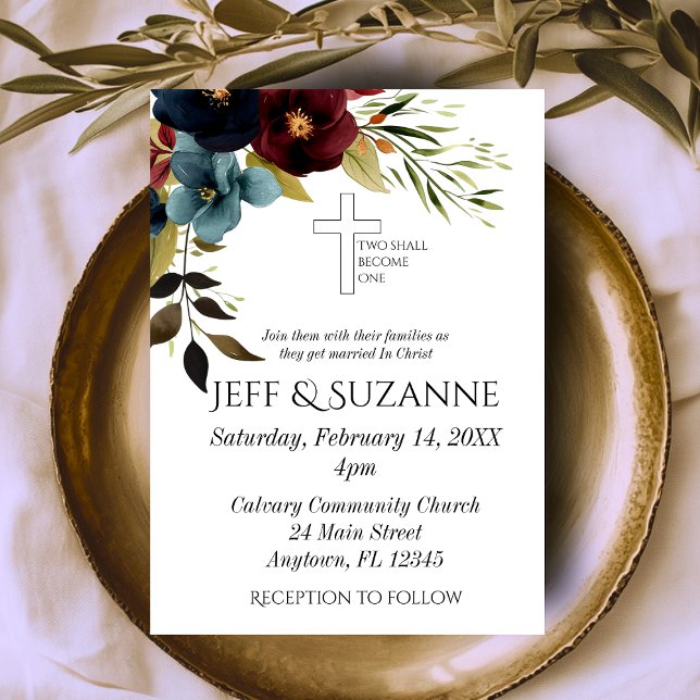 Burgundy Blue Blommigt Kor 2 blir en Bröllop Inbjudningar (Burgundy Blue Floral Cross Two Become One Wedding Invitation)