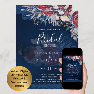 Burgundy Blue Blommigt Möhippa Inbjudan DIGITAL