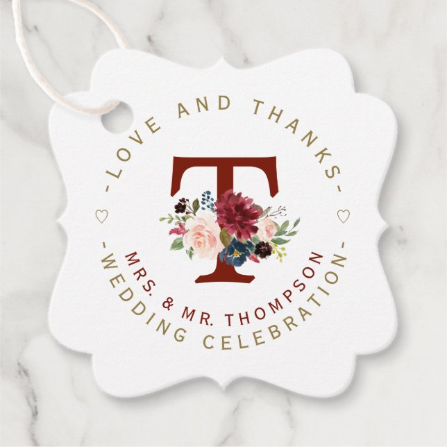 Burgundy Blue Blommigt Monogram Circular Bröllop Gåvor Etiketter (Framsida)