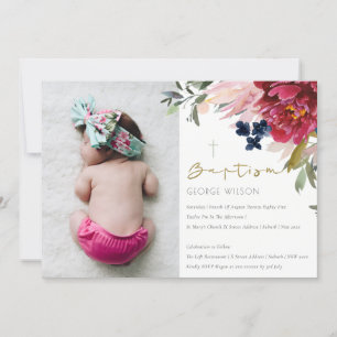 Burgundy Blue Blommigt Photo Baptism Inbjudan