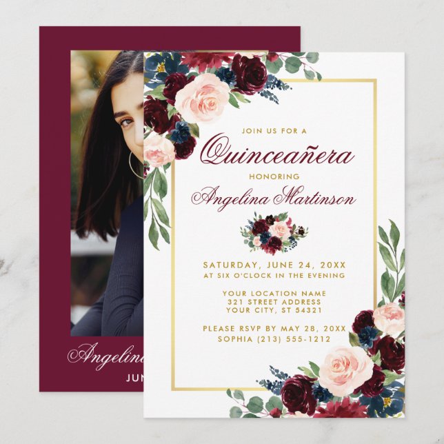 Burgundy Blue Blommigt Quinceanera Guld Photo Inbjudningar (Fram/baksida)