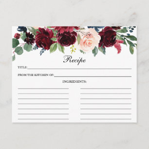 Burgundy Blue Blommigt Shower Recept Card Rådkort
