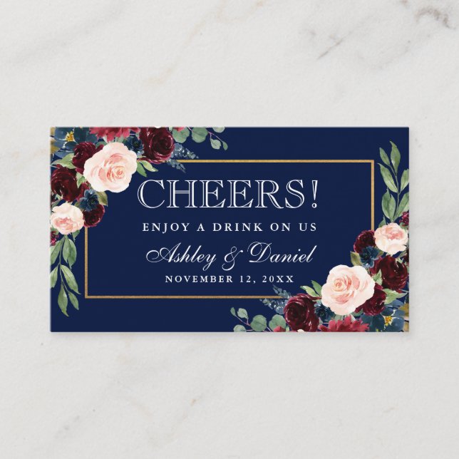Burgundy Blue Bröllop Drink Biljett Card Tilläggskort (Framsida)