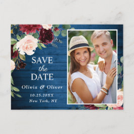 Burgundy Blue Bröllop Photo Save Date Vykort