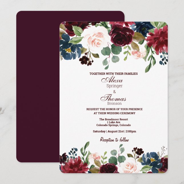 Burgundy & Blue English Flowers Bröllop Inbjudningar (Fram/baksida)