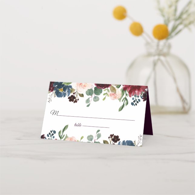 Burgundy & Blue English Flowers Bröllop Placeringskort (Framsida)
