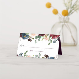 Burgundy & Blue English Flowers Bröllop Placeringskort