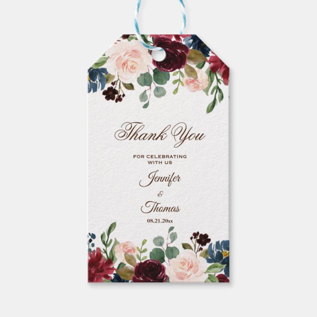 Burgundy & Blue English Flowers Bröllop Presentetikett (Framsidan)