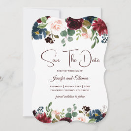 Burgundy & Blue English Flowers Bröllop Spara Datumet