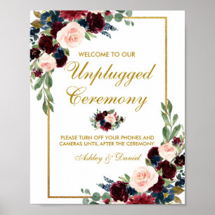 Burgundy Blue Guld Blommigt Bröllop ej ansluten Poster