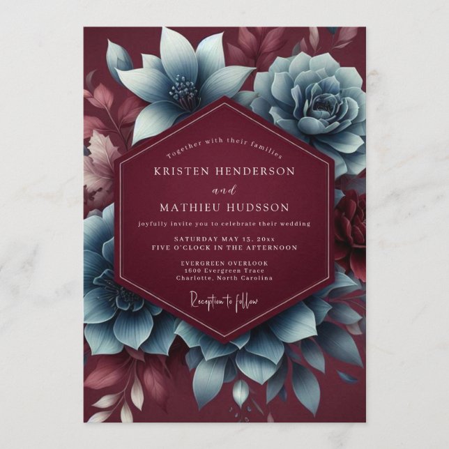 Burgundy & Blue Moody Bloom Wedding Inbjudningar (Framsida)