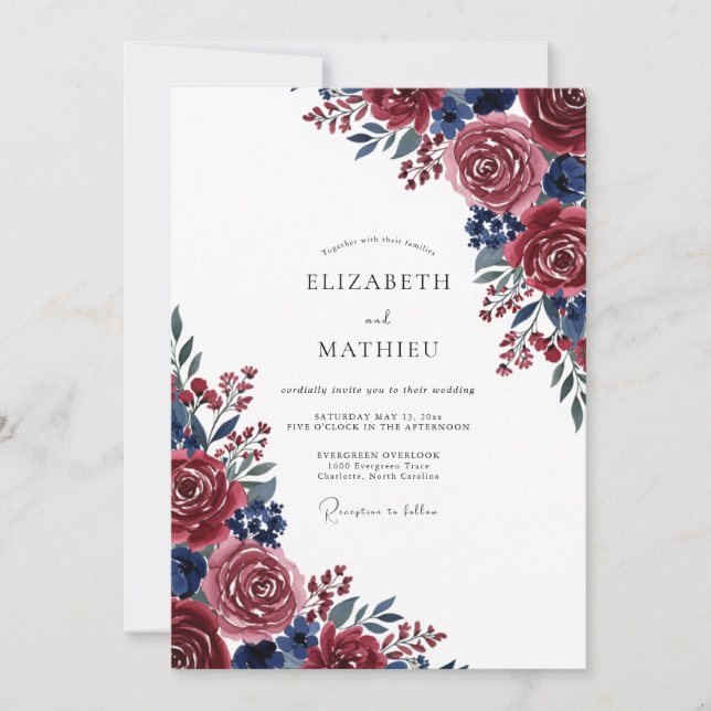 Burgundy Blue Painterly Bloom Wedding Inbjudningar (Framsida)