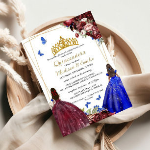 Burgundy & blue Royal Butterfly Twin Quinceanera Inbjudningar