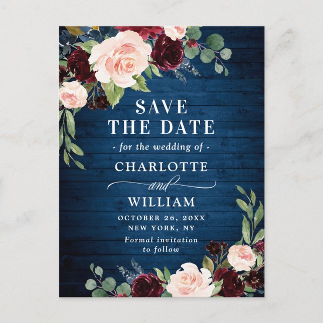 Burgundy Blue  Rustic Bröllop spara datum Meddelande Vykort (Framsida)