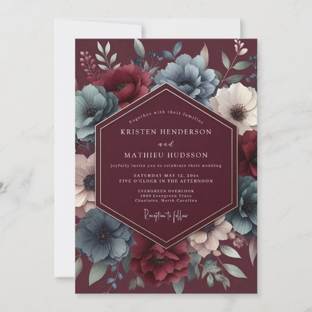 Burgundy & Blue Shadowy Bloom Wedding Inbjudningar (Framsida)