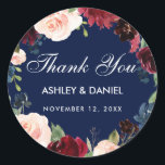 Burgundy Blue Watercolor Blommigt Bröllop Tack Runt Klistermärke<br><div class="desc">Watercolor Burgundy Marsala Blommigt Blue Bröllop Tack Stickers</div>