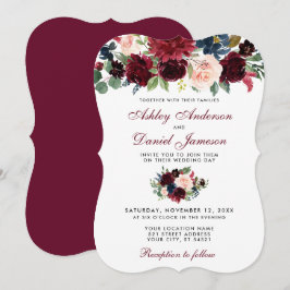 Burgundy Blue Watercolor Blommigt Elegant bröllop Inbjudningar