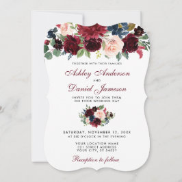 Burgundy Blue Watercolor Blommigt Elegant bröllop  Inbjudningar