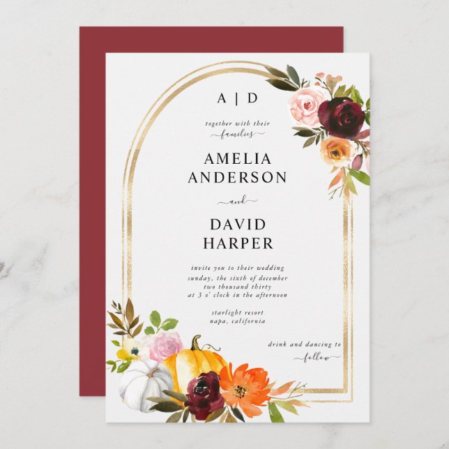 Burgundy Blush Autumn Floral Pumpkin Wedding Inbjudningar (Fram/baksida)