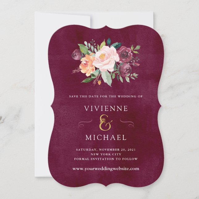 Burgundy Blush | Blommig Bröllops Save the Date Spara Datumet (Framsida)
