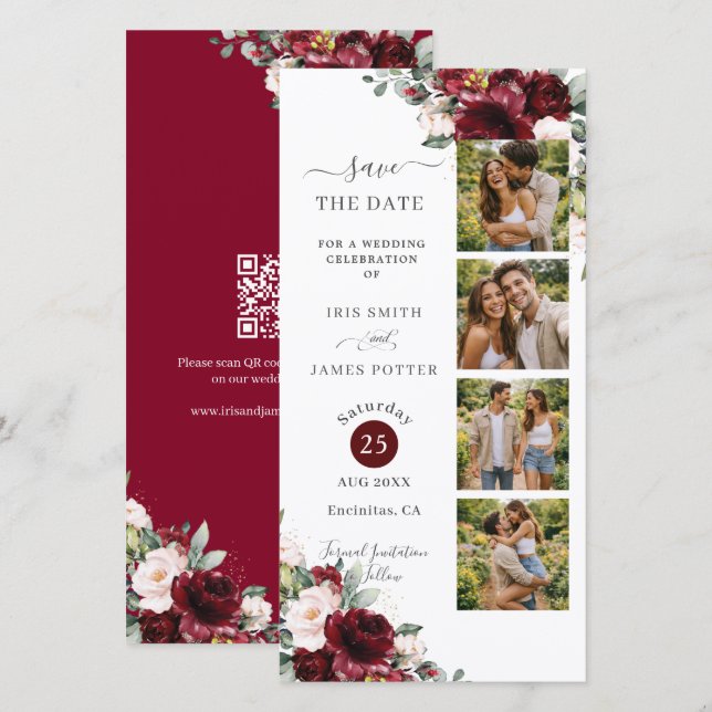 Burgundy Blush Blommig Fotoautomat Bröllop QR  Spara Datumet (Fram/baksida)