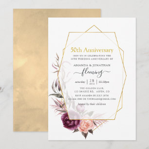 Burgundy & Blush Blommig Geometrisk 50-årsjubileum Inbjudningar