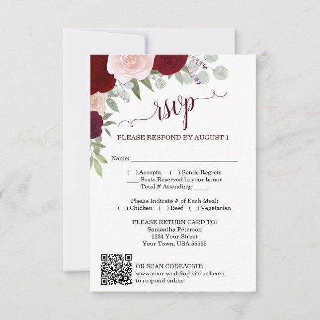 Burgundy Blush Boho Roses Wedding QR Code RSVP  Inbjudningar (Framsida)
