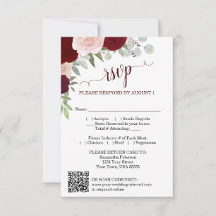 Burgundy Blush Boho Rosor Bröllop QR-kod RSVP  Inbjudningar