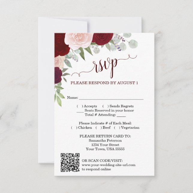 Burgundy Blush Boho Rosor Bröllop QR-kod RSVP  Inbjudningar (Framsida)