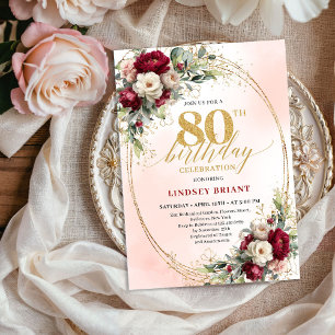 Burgundy Blush Boho Trädgård 80-års Födelsedagsinb Inbjudningar